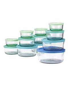 anchor 10613ahg17 hocking company food storage set 24pc, container is clear, lids are either green or blue