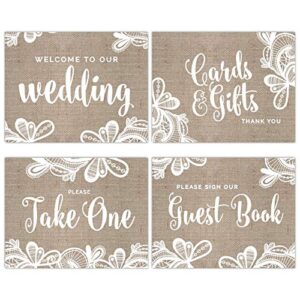andaz press unframed wedding party signs, 8.5×11-inch, burlap lace, welcome to our wedding, cards and gifts, please take one favors, please sign guestbook, 4-pack, frames sold separately