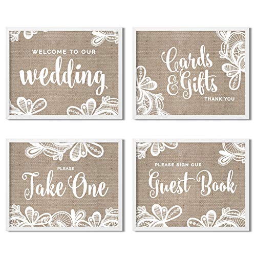 Andaz Press Unframed Wedding Party Signs, 8.5x11-inch, Burlap Lace, Welcome to Our Wedding, Cards and Gifts, Please Take One Favors, Please Sign Guestbook, 4-Pack, Frames Sold Separately