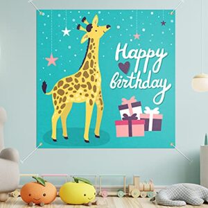 5665 happy birthday backdrop banner decor mint green – giraffe animals theme happy birthday party decorations for boys girls supplies
