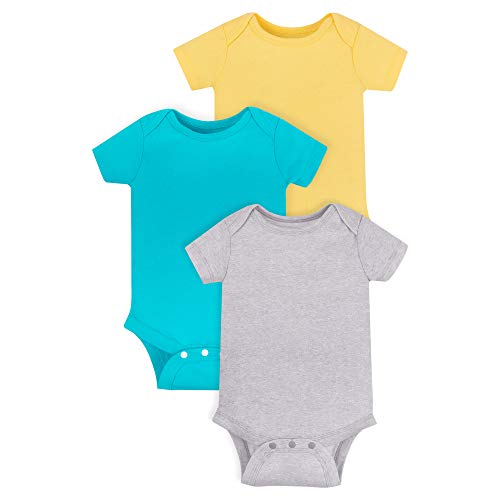 LAMAZE Baby Super Combed Natural Cotton Short Sleeve Bodysuit, Snap Closure, 3 Pack, Grey/Yellow/Blue, Newborn