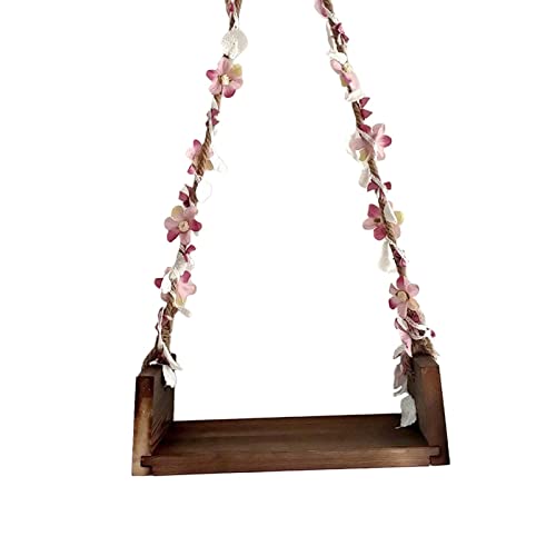 TOOYFUL Wooden Swings Seats for Newborn Boys Girls Photography Props, with Flower Ropes Hanging Swing Seat for Baby Memorable Photo Shooting-Coffee