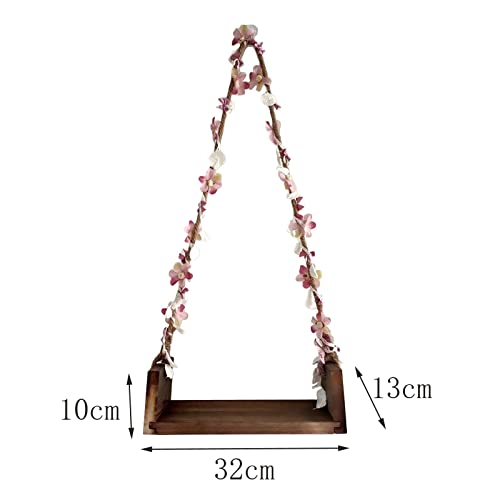 TOOYFUL Wooden Swings Seats for Newborn Boys Girls Photography Props, with Flower Ropes Hanging Swing Seat for Baby Memorable Photo Shooting-Coffee