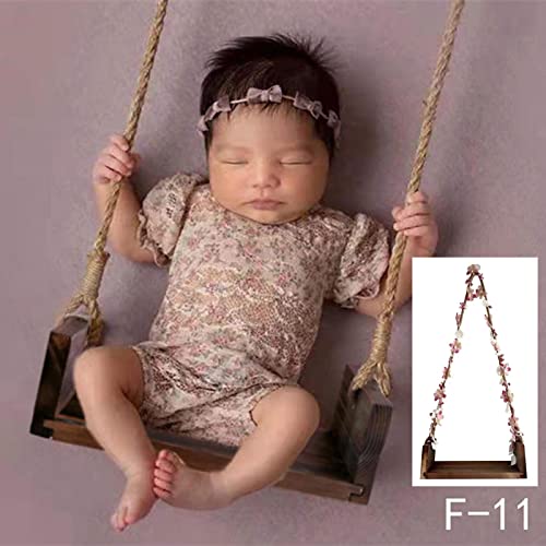 TOOYFUL Wooden Swings Seats for Newborn Boys Girls Photography Props, with Flower Ropes Hanging Swing Seat for Baby Memorable Photo Shooting-Coffee