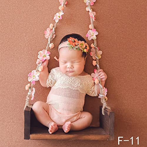 TOOYFUL Wooden Swings Seats for Newborn Boys Girls Photography Props, with Flower Ropes Hanging Swing Seat for Baby Memorable Photo Shooting-Coffee