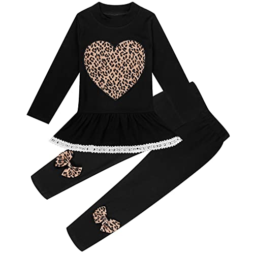 RETSUGO Toddler Baby Girls Leopard Heart Fall Winter Clothes Set Kids Valentine's Day School Girl Outfit Cute Pullover Shirt and Pants Set (6659-6T)