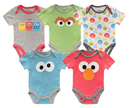 Happy Threads Sesame Street Baby Boys Short Sleeve Onesie Bodysuits 5 Pack Gift Set (Multicolored, 6-9 Months) (ASEB047PK)