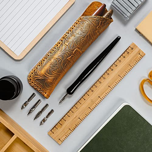 TechMoonPro Leather Pen Case,Double Pencil Case for Handmade Crazy Horse Leather,for Apple Pencil,Pen(Carved)