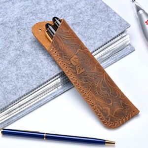 TechMoonPro Leather Pen Case,Double Pencil Case for Handmade Crazy Horse Leather,for Apple Pencil,Pen(Carved)