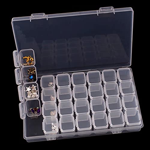 KQIWXLN Plastic Jewelry Organizer-Nail Jewelry Storage Box Craft & Sewing Supplies Storage 28 Grids For Beads, Jewelry, Tools, Pill And Fishing Lures (Clear Plastic ).