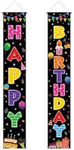 allenjoy happy birthday theme porch sign door banner for children bday party supplies cake cupcake balloon gift box decoration flag hanging home wall decor outdoor indoor polyester 11.8×70.9 inch 2pcs