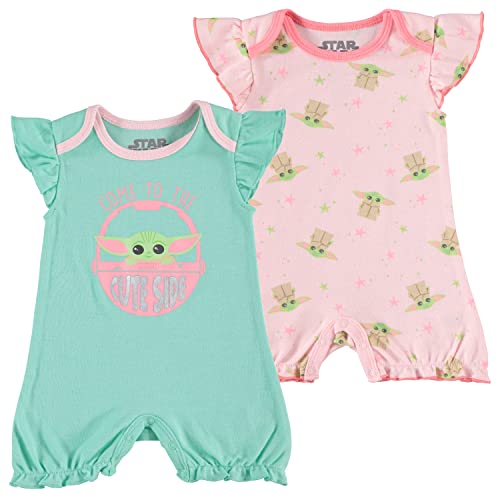 Star Wars Baby Girls Ruffled Sleeve Shortie 2-Pack - Baby Yoda Baby Bodysuit 2-Pack - Baby Girls Clothing (Pink/Green, 12M)