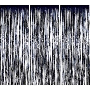 sumind 3 pack foil curtain metallic tinsel curtains, foil fringe shimmer curtain door window decoration for birthday wedding party (black)