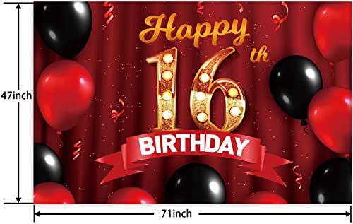 Happy 16th Birthday Red Banner Gold Backdrop Red and Black Balloons Theme Decor for Girls Women Princess 16 Years Old Birthday Party Supplies Photo Booth Props Background Favors Decorations Glitter