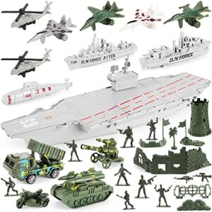 123pcs aircraft carrier toy set with toy soldiers, jets, submarine, frigate, helicopters, military vehicles battleship planes trucks tank army men toys for kids boys girls and accessories 18 inches