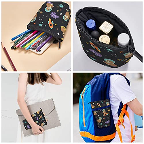 Gocerktr Cartoon Astronaut Sloth Pencil Telescopic Holder Storage, Office Standing Stationery Bag with Zipper, Organizer Pouch for Women Man