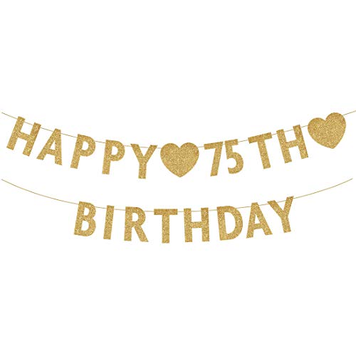 Gold Happy 75th Birthday Banner, Glitter 75 Years Old Woman or Man Party Decorations, Supplies