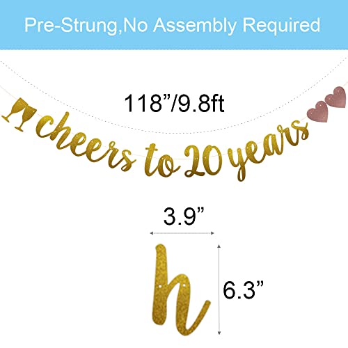 Cheers to 20 Years Banner, Pre-Strung, Gold Glitter Paper Garlands for 20th Birthday / Wedding Anniversary Party Decorations Supplies, No Assembly Required,(Gold)SUNbetterland