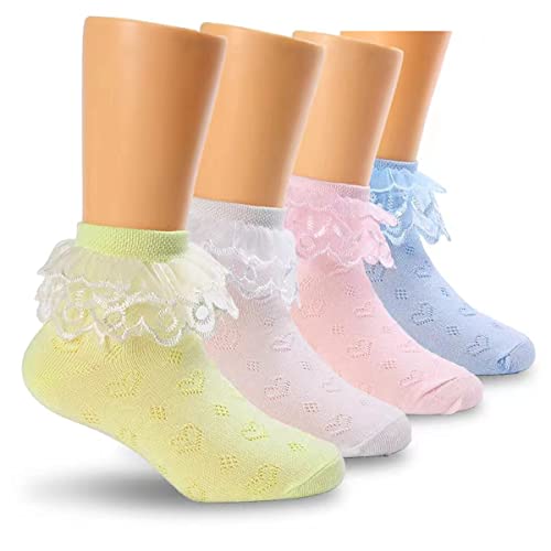 Hopply Girls Lace Ankle Socks Ruffle Frilly Cotton Socks Trim Lace,Princess Socks for Big Girls 4 Pack (as1, age, 6_years, 8_years, 4pairs, L)