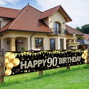 90th birthday banner decorations for women men, black gold happy 90 year old birthday sign party supplies, ninety birthday photo booth props decor(9.8 x 1.6ft)