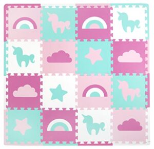 tadpoles baby play mat, kid’s puzzle exercise play mat – soft eva foam interlocking floor tiles, cushioned children’s play mat, 16pc, unicorns and rainbows, pink, 50×50