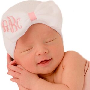 melondipity personalized baby hospital hat – warm beanie cap for infants, newborn, girls – customized head wrap with bow – custom name keepsake hat for baby shower, birthday, first visit gift (white)