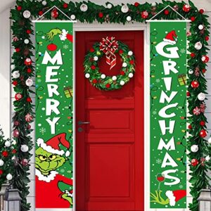grinch christmas porch sign, christmas porch banner decorations, merry grinchmas outdoor banner for xmas hanging banner grinch christmas decorations outdoor wall front door decor