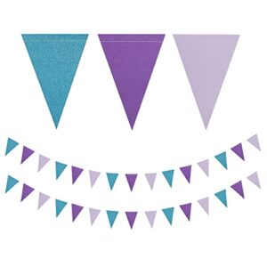 mermaid party decorations pennant banner – 2 pack glitter purple blue under the sea paper triangle flags garland, little mermaid theme girls birthday wedding baby shower party bunting panduola
