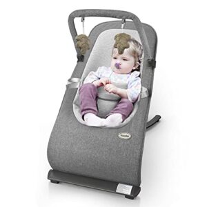 baby bouncer, portable bouncer portable rocker chair for babies, baby bouncer 3-point harness for newborn babies (dark grey)