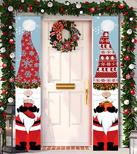 Merry Christmas Hanging Banner Porch Sign with Pattern Santa Claus Christmas Tree Snow Cap Gift Banner for Home Yard Indoor Outdoor Wall Door Christmas Party Decorations 72"x12"