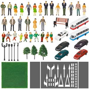 64 pcs railway scenery model trains architectural 1: 50 scale painted figures include miniature people mini cars light lamp bench lawn white colored lines trees train accessories for micro scene diy