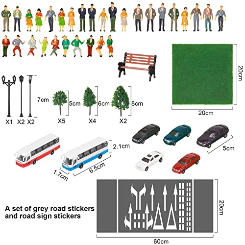 64 Pcs Railway Scenery Model Trains Architectural 1: 50 Scale Painted Figures Include Miniature People Mini Cars Light Lamp Bench Lawn White Colored Lines Trees Train Accessories for Micro Scene DIY