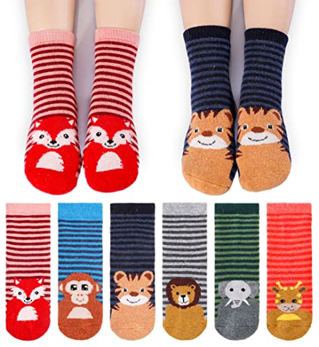 Kids Girls Boys Warm Wool Socks Super Soft Winter Thick Cute Animal Childrens Toddler Thermal Casual Crew Socks (6 Pairs Stripe Animal, 1-3 Years)