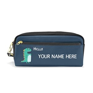 Custom Travel Pencil Case Personalized Your Name Text Cute Green Dinosaur Zipper Pencil Bag Customized Pencil Bag for Girls Teens Students Art School