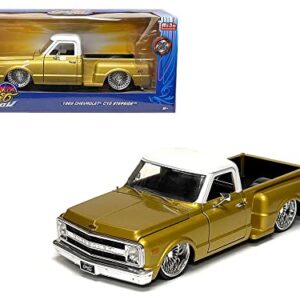 1969 Chevy C10 Stepside Lowrider Pickup Truck Gold Metallic with White Top Street Low Series 1/24 Diecast Model Car by Jada 34304