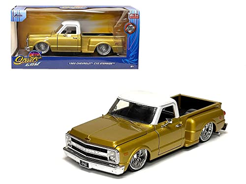 1969 Chevy C10 Stepside Lowrider Pickup Truck Gold Metallic with White Top Street Low Series 1/24 Diecast Model Car by Jada 34304