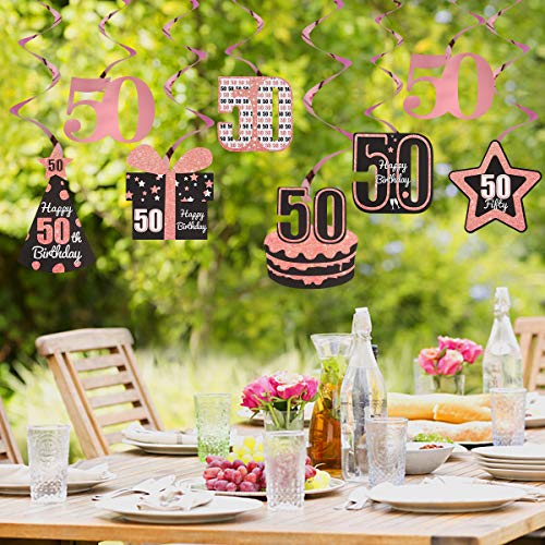Excelloon Rose Gold 50th Birthday Decorations for Women - 8Pcs Foil 50th Hanging Swirls - Happy 50 Birthday Cake Hat Gifts Star Party Decorations Supplies