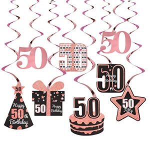 excelloon rose gold 50th birthday decorations for women – 8pcs foil 50th hanging swirls – happy 50 birthday cake hat gifts star party decorations supplies