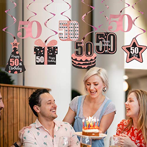 Excelloon Rose Gold 50th Birthday Decorations for Women - 8Pcs Foil 50th Hanging Swirls - Happy 50 Birthday Cake Hat Gifts Star Party Decorations Supplies