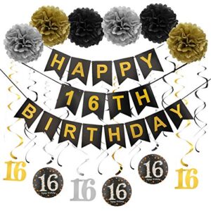 luxiocio happy 16th birthday party supplies decorations kit – including happy 16th birthday banner, 12pcs hanging swirl, 6pcs poms – sixteen birthday decorations for boys & girls