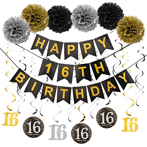 Luxiocio Happy 16th Birthday Party Supplies Decorations Kit - Including Happy 16th Birthday Banner, 12Pcs Hanging Swirl, 6Pcs Poms - Sixteen Birthday Decorations for Boys & Girls