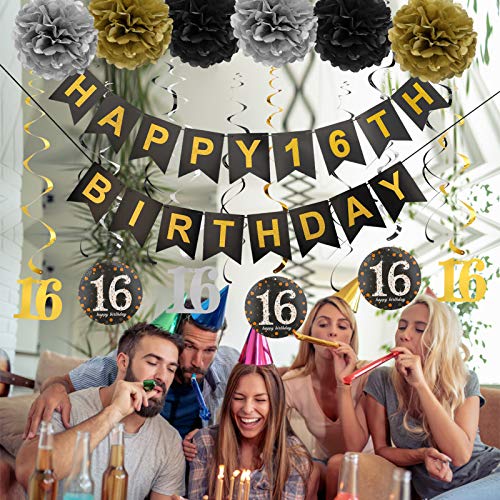 Luxiocio Happy 16th Birthday Party Supplies Decorations Kit - Including Happy 16th Birthday Banner, 12Pcs Hanging Swirl, 6Pcs Poms - Sixteen Birthday Decorations for Boys & Girls