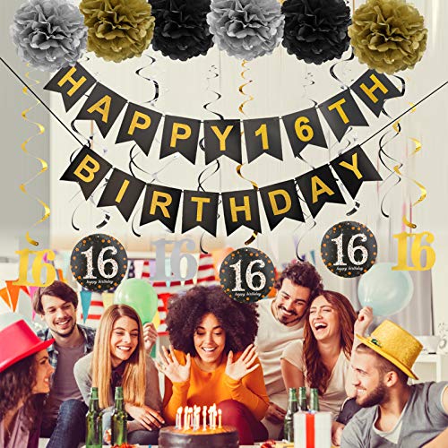 Luxiocio Happy 16th Birthday Party Supplies Decorations Kit - Including Happy 16th Birthday Banner, 12Pcs Hanging Swirl, 6Pcs Poms - Sixteen Birthday Decorations for Boys & Girls