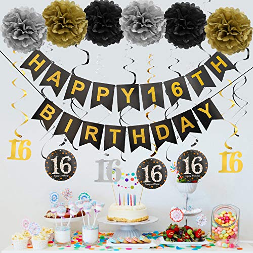 Luxiocio Happy 16th Birthday Party Supplies Decorations Kit - Including Happy 16th Birthday Banner, 12Pcs Hanging Swirl, 6Pcs Poms - Sixteen Birthday Decorations for Boys & Girls