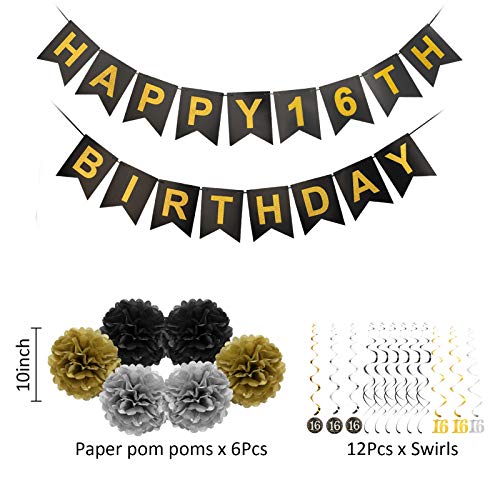 Luxiocio Happy 16th Birthday Party Supplies Decorations Kit - Including Happy 16th Birthday Banner, 12Pcs Hanging Swirl, 6Pcs Poms - Sixteen Birthday Decorations for Boys & Girls