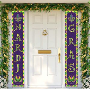 Linen Mardi Gras Porch Banner Carnival Party Decorations Purple Yellow Green Diamond Lattice Front Door Sign Wall Hanging Decorations and Supplies for Home Office