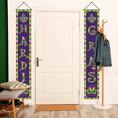 Linen Mardi Gras Porch Banner Carnival Party Decorations Purple Yellow Green Diamond Lattice Front Door Sign Wall Hanging Decorations and Supplies for Home Office