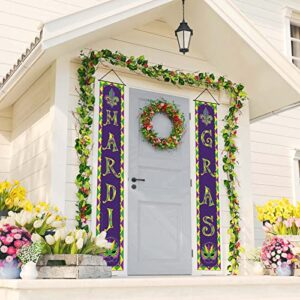 Linen Mardi Gras Porch Banner Carnival Party Decorations Purple Yellow Green Diamond Lattice Front Door Sign Wall Hanging Decorations and Supplies for Home Office