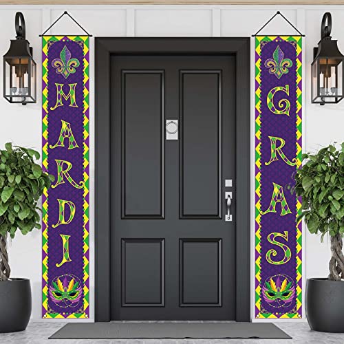 Linen Mardi Gras Porch Banner Carnival Party Decorations Purple Yellow Green Diamond Lattice Front Door Sign Wall Hanging Decorations and Supplies for Home Office