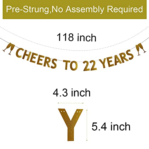 Betteryanzi Gold Cheers to 22 Years Banner,Pre-strung,22nd Birthday/Wedding Anniversary Party Decorations Supplies,Gold Glitter Paper Garlands Backdrops,Letters Gold CHEERS TO 22 YEARS